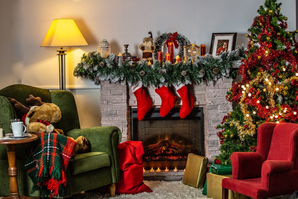 Socks hung by the fireplace in the living room waiting for Santa Claus