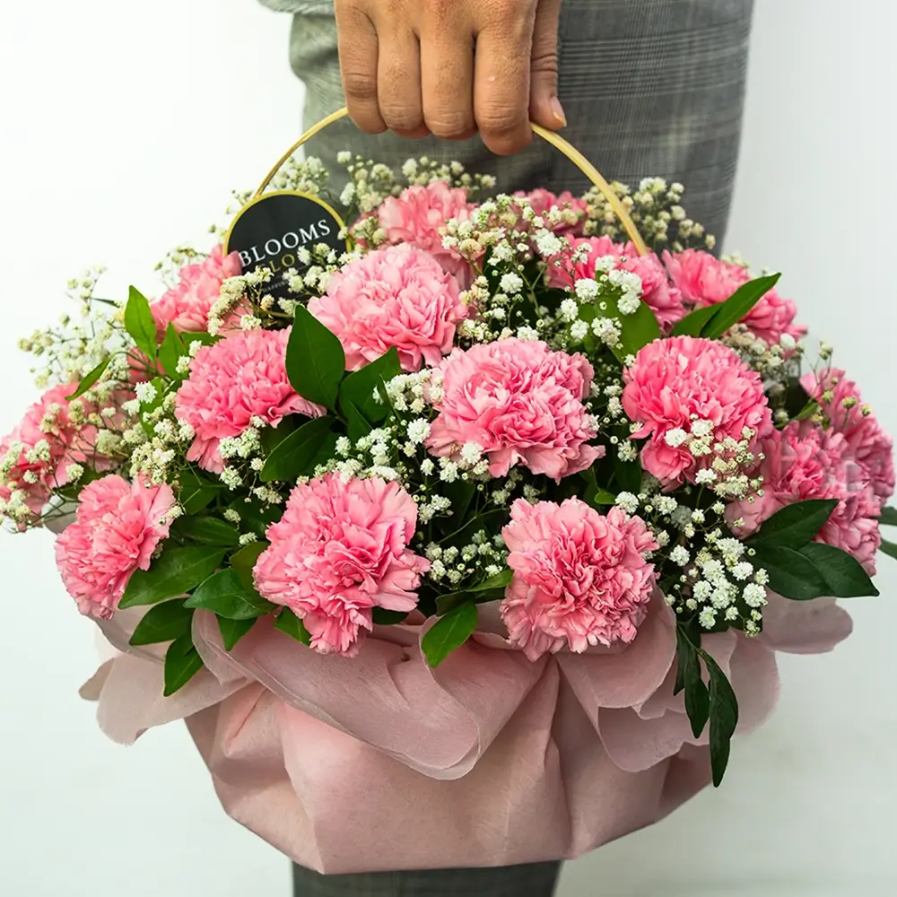 pink carnations in a basket