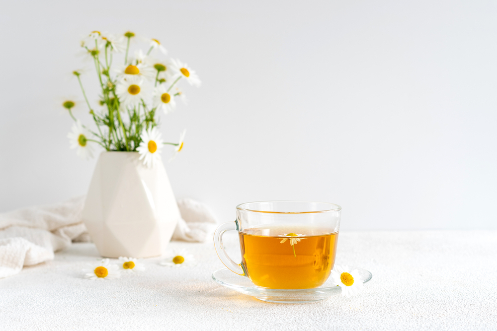 daisy infused tea with a vase of daisies in the background