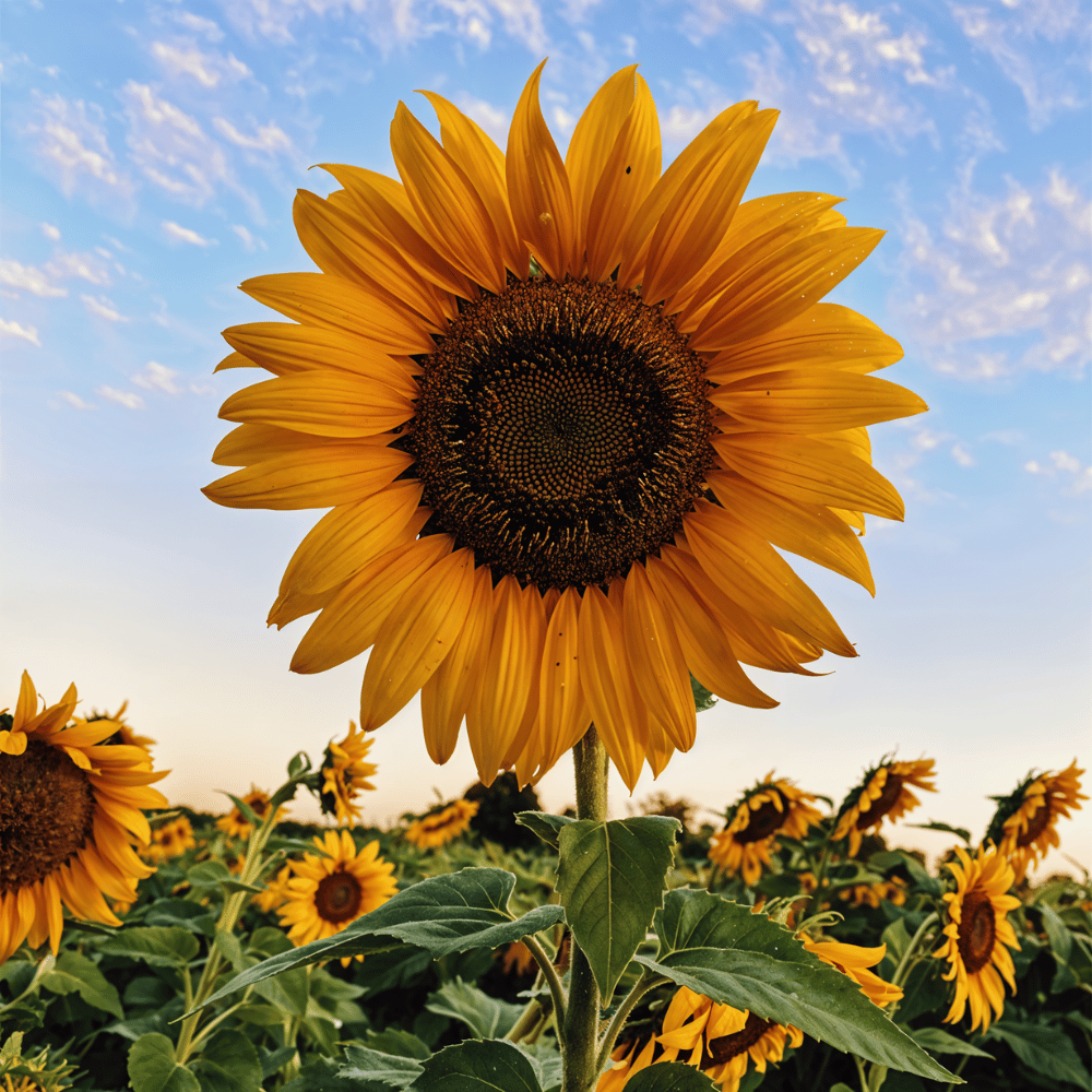 7 Bold New Year Flowers to Kickstart 2025 3 A vibrant sunflower standing tall against a backdrop of a clear blue sky and a field of sunflowers."