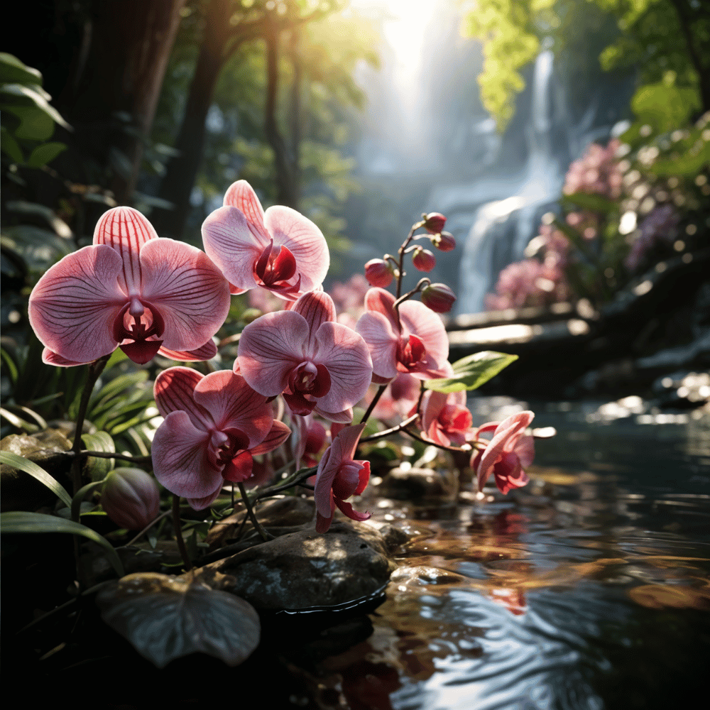 7 Bold New Year Flowers to Kickstart 2025 4 Delicate pink orchids blooming near a tranquil stream with a waterfall in the background.