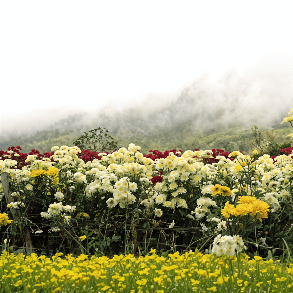 7 Bold New Year Flowers to Kickstart 2025 5 A colorful field of flowers with yellow and white blooms under a misty hillscape.