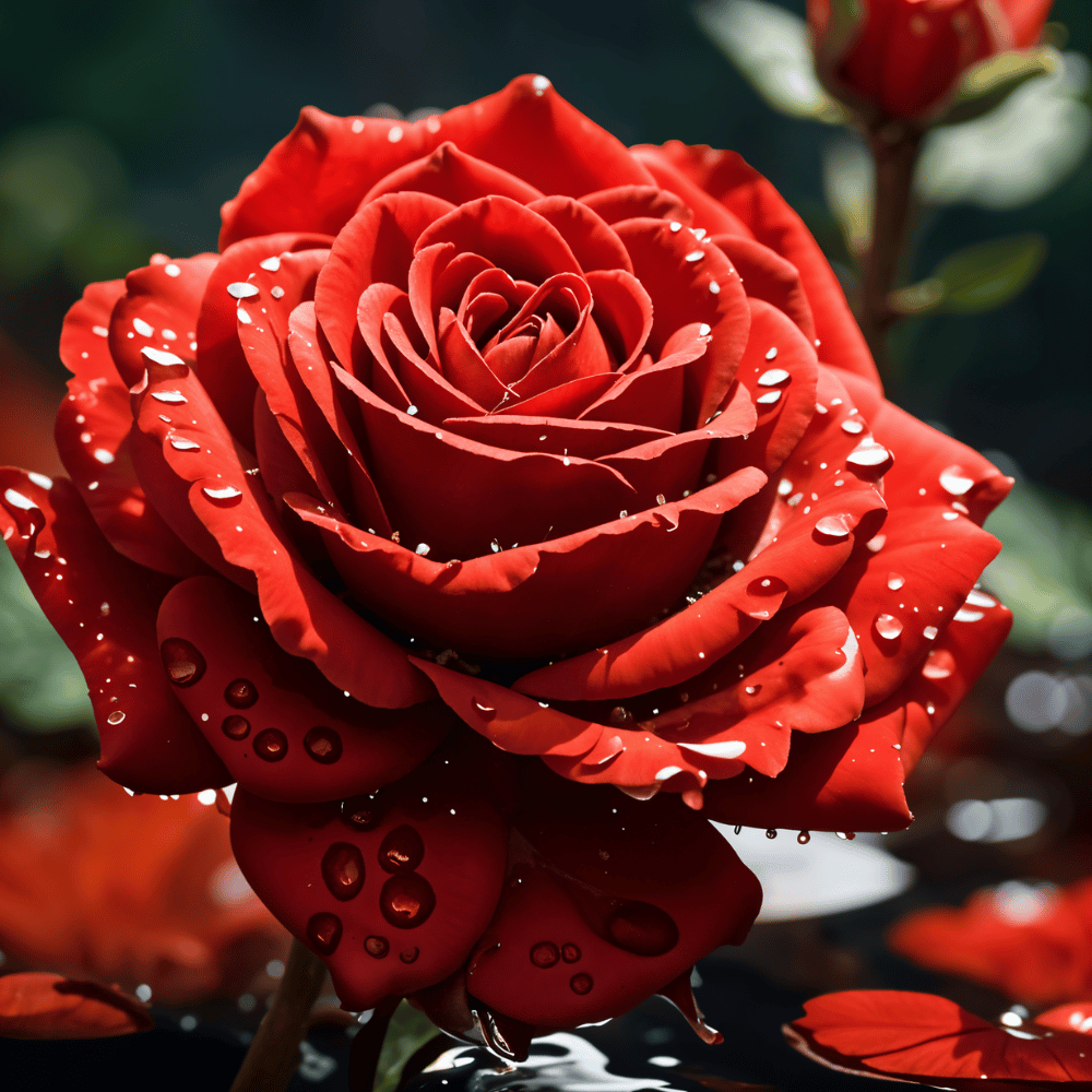 7 Bold New Year Flowers to Kickstart 2025 6 A close-up of a red rose covered in fresh dew, surrounded by a serene natural setting.