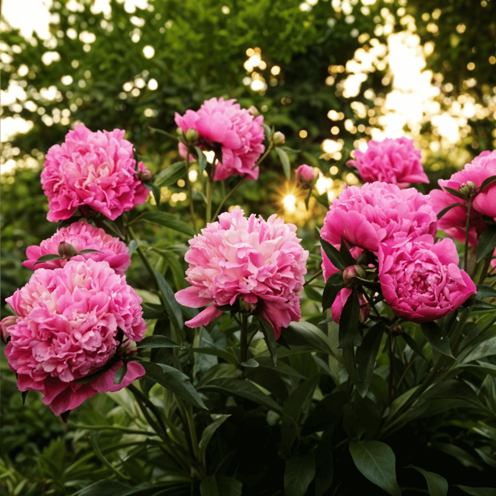 7 Bold New Year Flowers to Kickstart 2025 9 Pink peonies blooming in a garden with soft evening light filtering through the leaves.