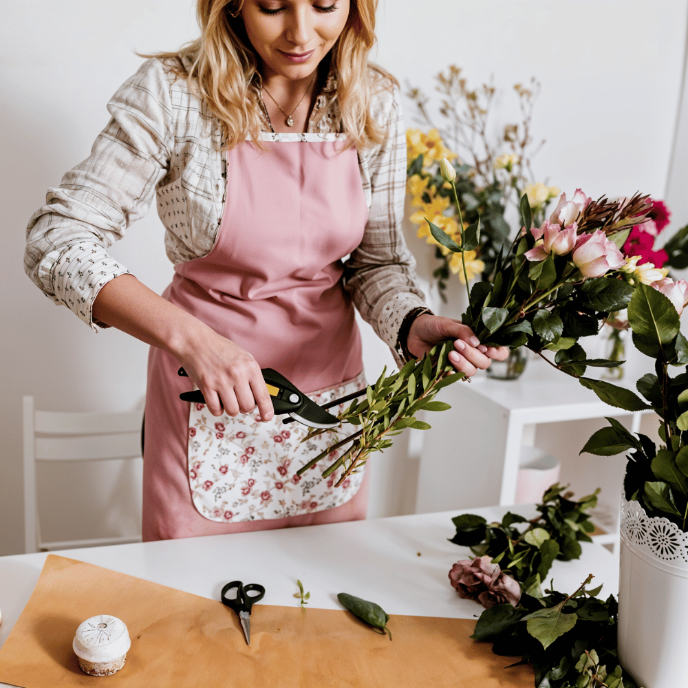 Cut Flowers Care: 5 Essential Tips to Keep Bouquets Fresh 3 Woman trimming flower stems while arranging a bouquet on a table.