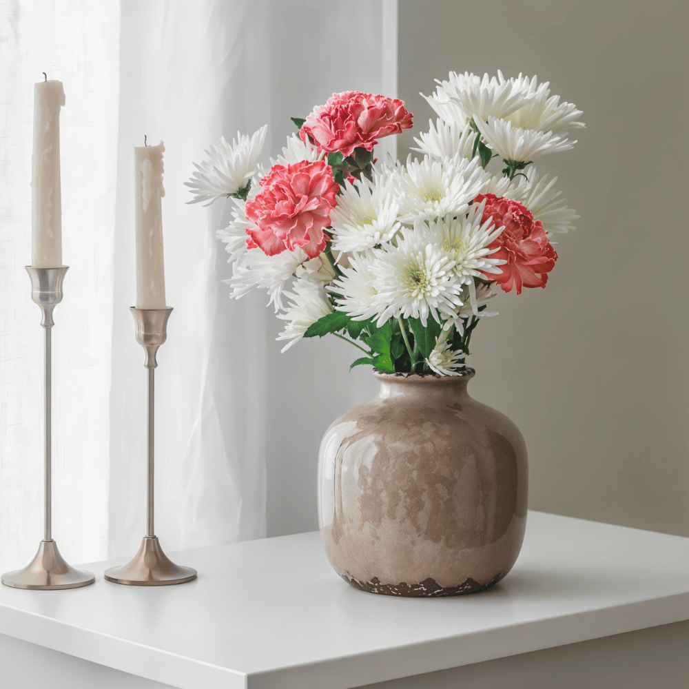 Cut Flowers Care: 5 Essential Tips to Keep Bouquets Fresh 5 White chrysanthemums and pink carnations arranged in a brown ceramic vase on a table.