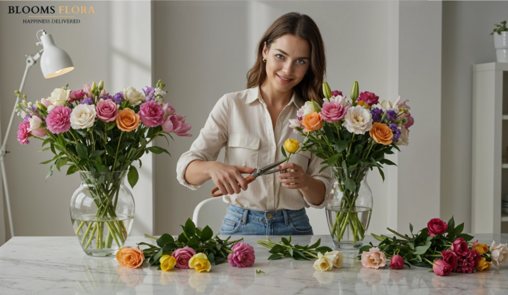 Woman is arranging colorful fresh-cut flowers in glass vases on a white marble table.