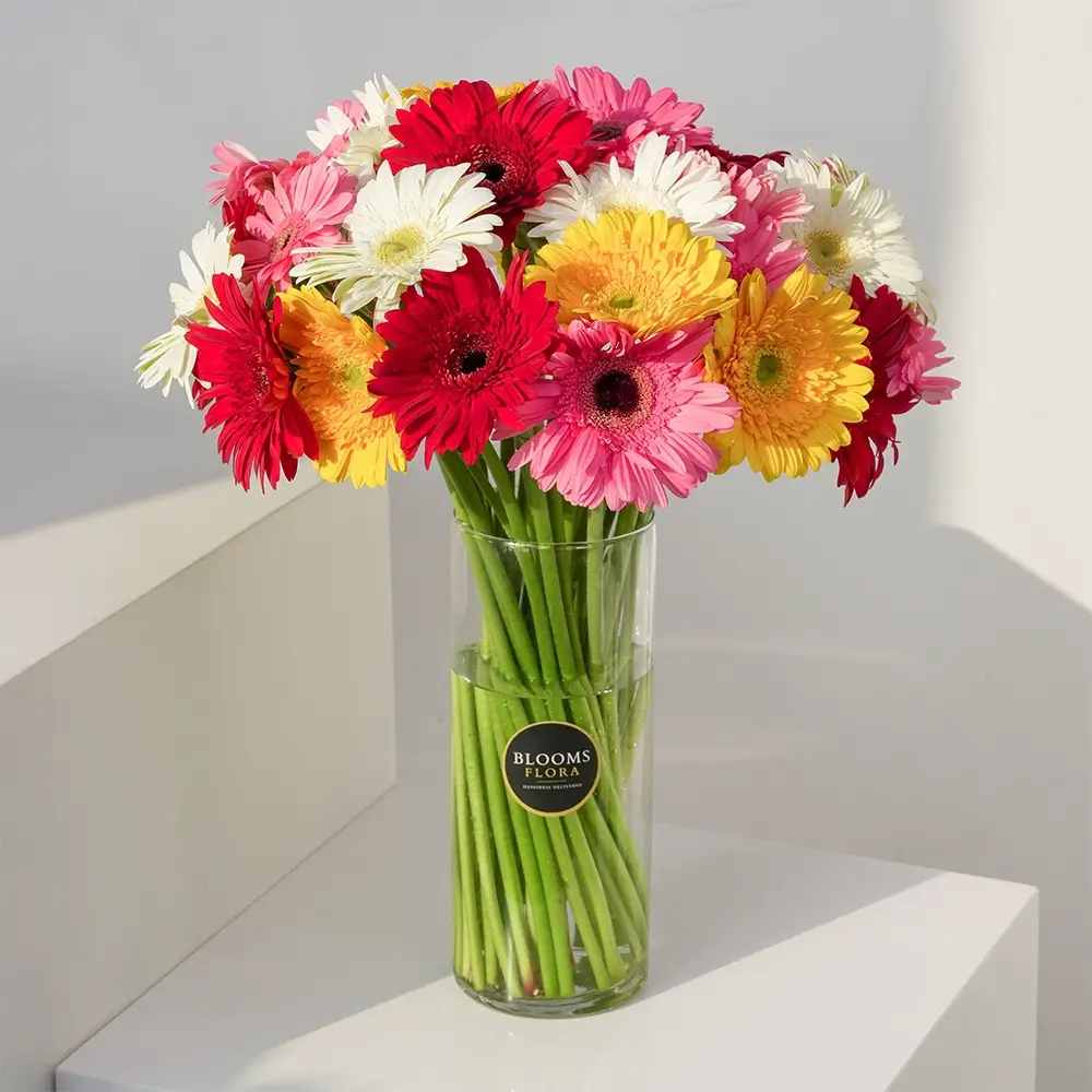 Colorful Ganesh Chaturthi Flowers bouquet with red, pink, yellow, and white gerberas arranged in a glass vase.