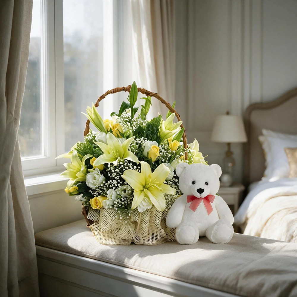 Birthday Gift Ideas for Girlfriend: Find the Right Gift 3 Birthday gift ideas for girlfriend featuring a beautiful lily flower basket with a white teddy bear.