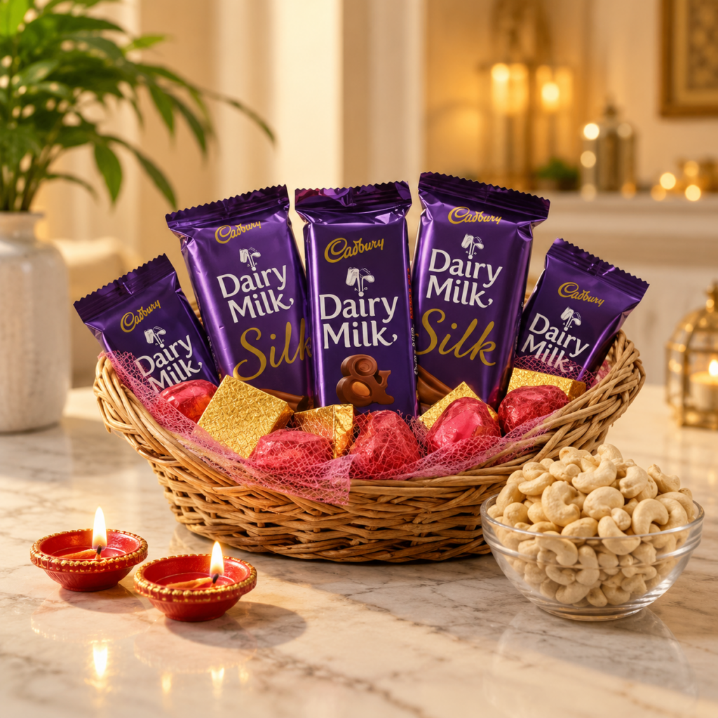 Last Minute Diwali Gifts featuring a festive chocolate gift basket with Cadbury chocolates, cashews, wrapped treats and glowing diyas.
