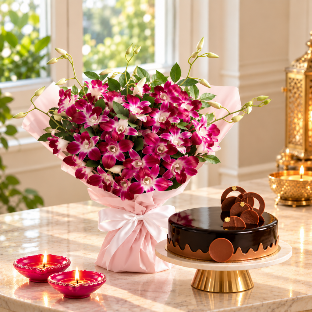 Corporate Diwali Gifts: Fresh Ideas Beyond the Sweet Box 7 Festive Orchid Bouquet and Chocolate Cake