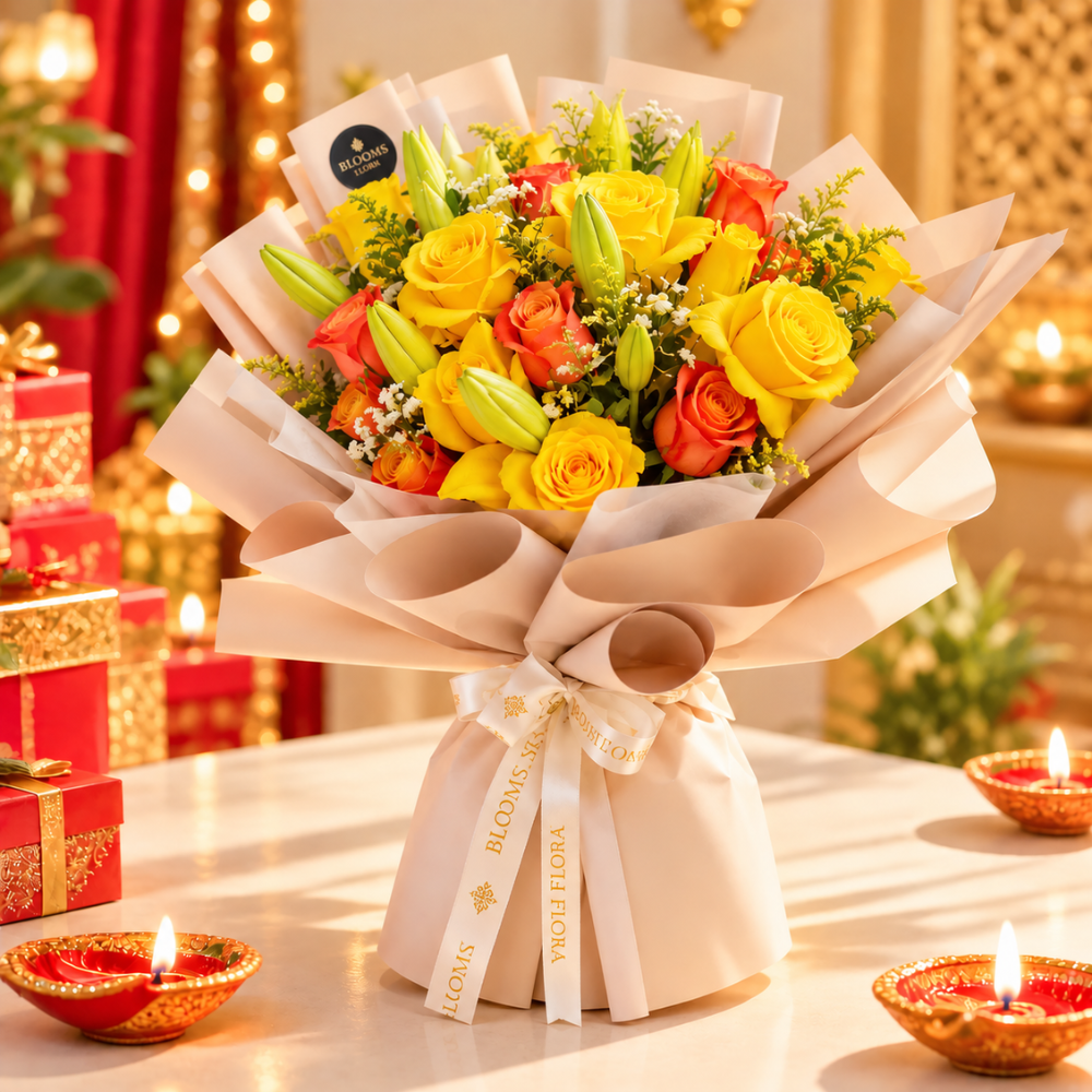The Smartest Diwali Gift Idea for Friends This Year 2026 3 Diwali Gift Idea for Friends featuring a vibrant yellow and orange rose bouquet with elegant cream wrapping and festive Diwali diyas