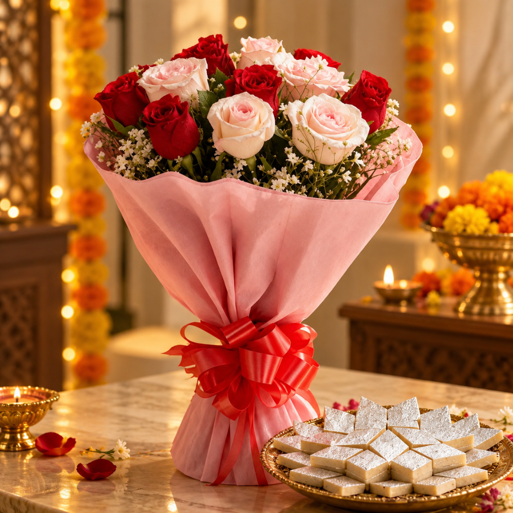 Best Diwali Gifts Online to Share Joy and Festive Cheer 3 Diwali gifts online featuring a red and pink rose bouquet paired with traditional Indian kaju katli sweets in an elegant festive setting.