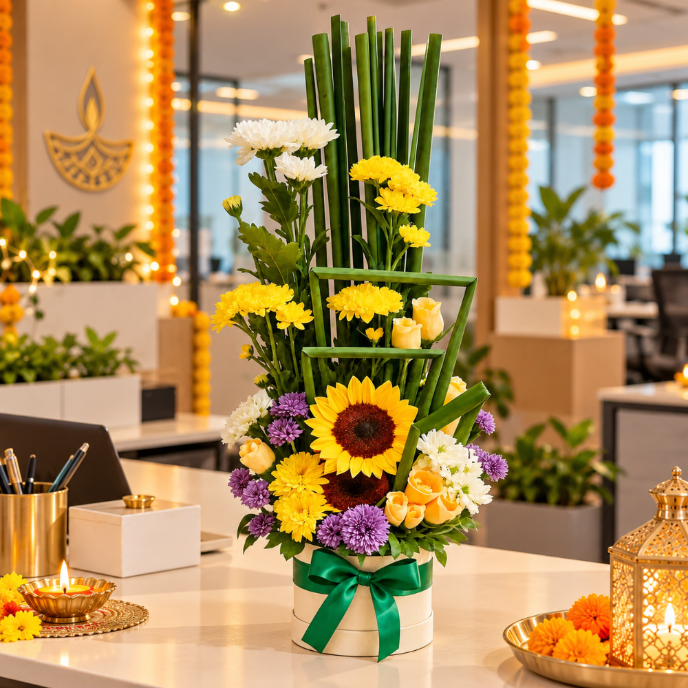 Corporate Diwali Gifts: Fresh Ideas Beyond the Sweet Box 3 Corporate Diwali Gifts featuring a vibrant floral arrangement with sunflowers, yellow roses, chrysanthemums, and purple blooms in an elegant white box with a green ribbon, displayed on an office table with festive Diwali decorations.