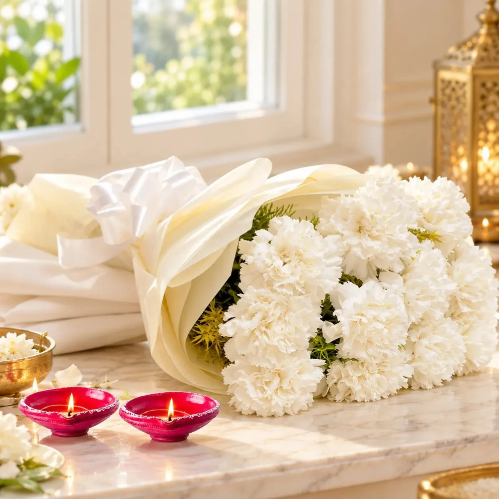 Diwali Gifts for Employees: Smart Gifting Ideas for Teams 3 White carnation bouquet with elegant wrapping and glowing diyas, a thoughtful choice for Diwali Gifts for Employees.